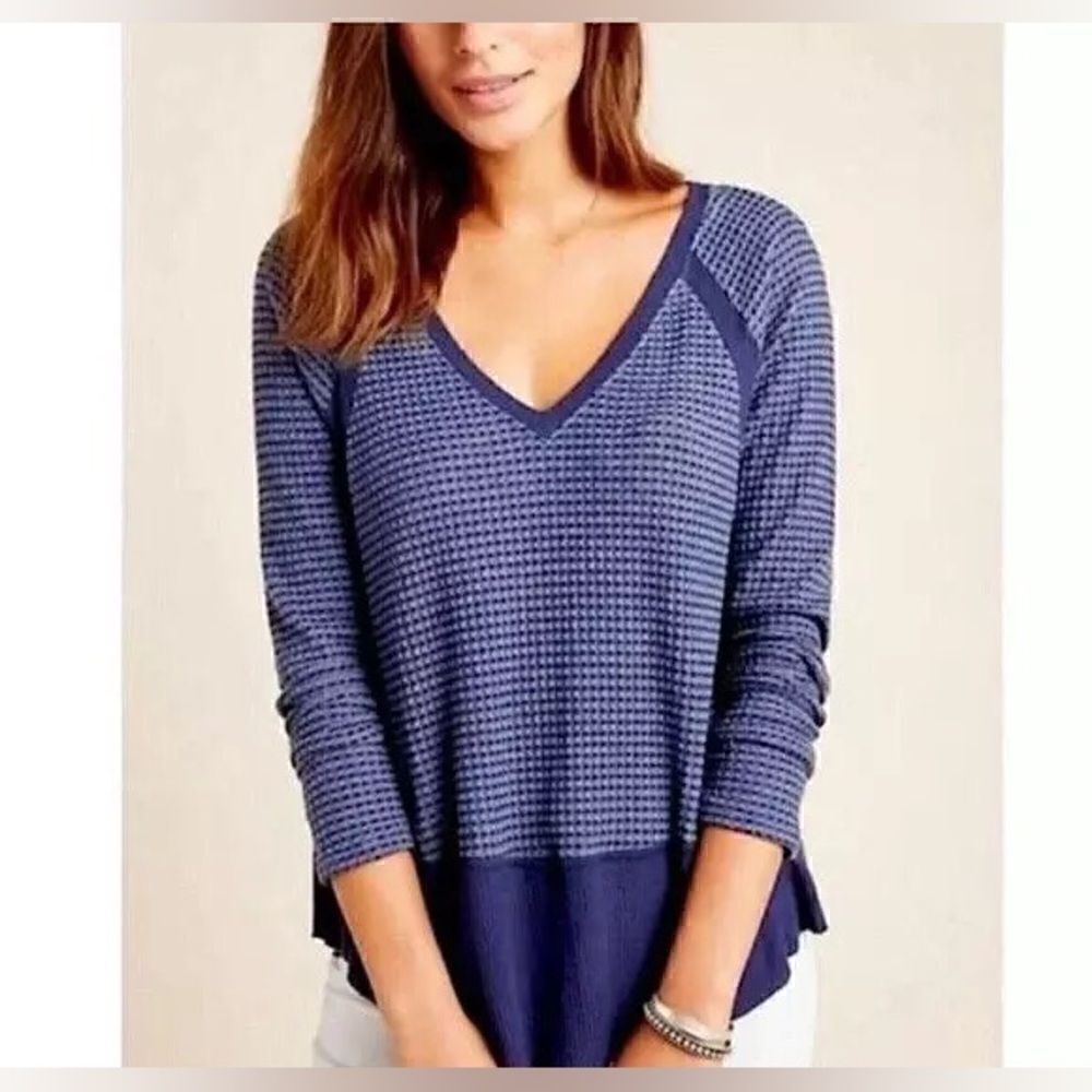 ANTHROPOLOGIE Eri + Ali Soft Waffle Thermal Knit V-Neck Tee Top Size large